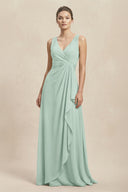 V-Neck Ruffled Ruched Chiffon A-Line Bridesmaid Dress in Sage | KISSBRIDAL