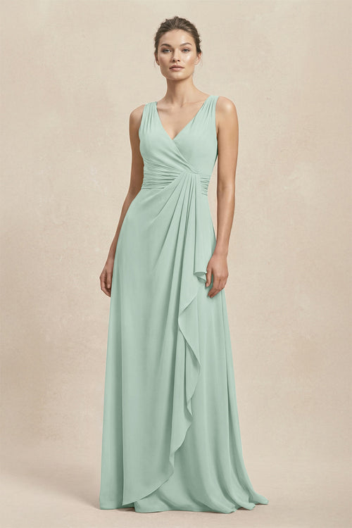 V-Neck Ruffled Ruched Chiffon A-Line Bridesmaid Dress in Sage | KISSBRIDAL