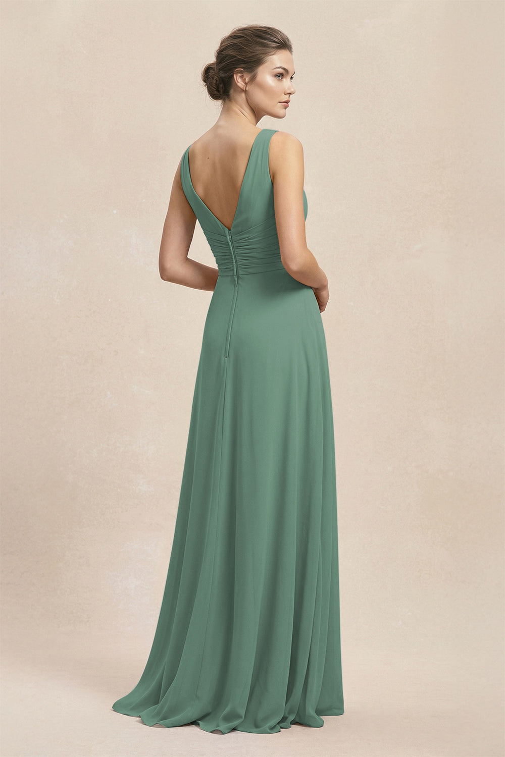 V-Neck Ruffled Ruched Chiffon A-Line Bridesmaid Dress in Sea Glass