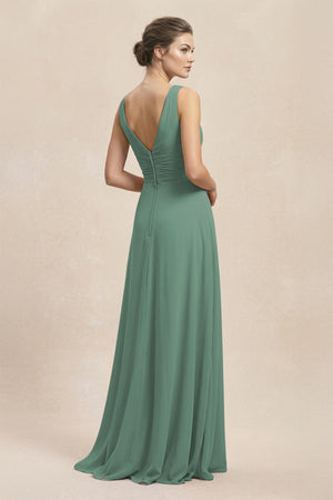 V-Neck Ruffled Ruched Chiffon A-Line Bridesmaid Dress in Sea Glass (2) | KISSBRIDAL