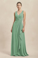 V - Neck Ruffled Ruched Chiffon A - Line Bridesmaid Dress in Sea Glass - SHE IS ME Bridesmaid Dresses