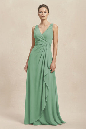 V - Neck Ruffled Ruched Chiffon A - Line Bridesmaid Dress in Sea Glass - SHE IS ME Bridesmaid Dresses