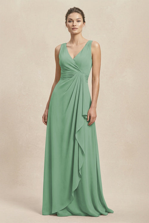V - Neck Ruffled Ruched Chiffon A - Line Bridesmaid Dress in Sea Glass - SHE IS ME Bridesmaid Dresses