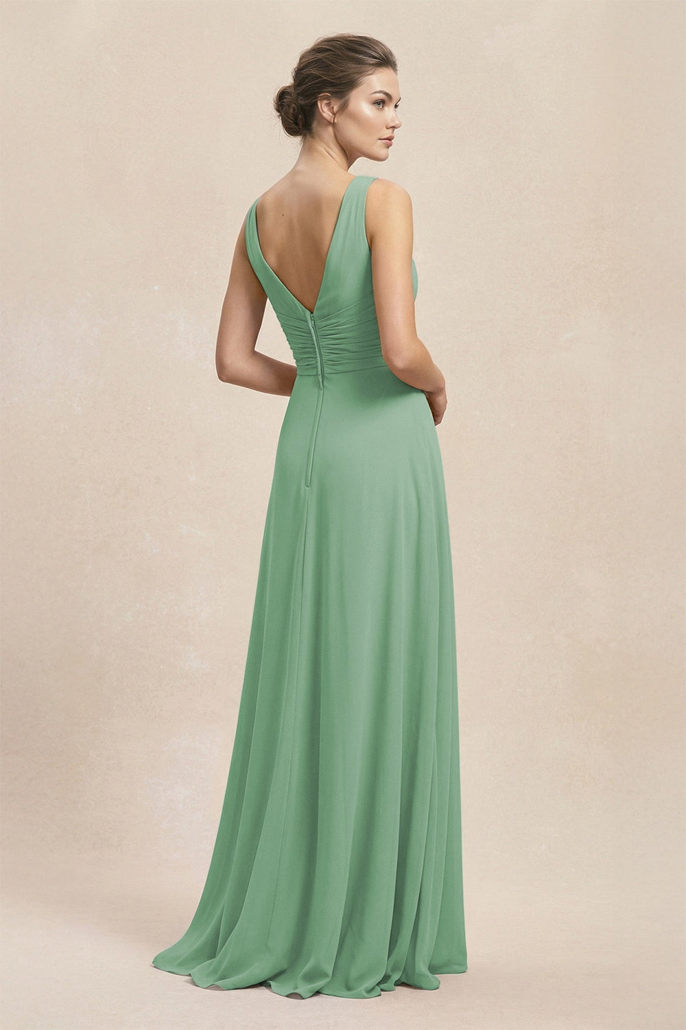 V - Neck Ruffled Ruched Chiffon A - Line Bridesmaid Dress in Sea Glass - KISS BRIDAL Bridesmaid Dresses