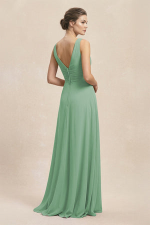 V - Neck Ruffled Ruched Chiffon A - Line Bridesmaid Dress in Sea Glass - SHE IS ME Bridesmaid Dresses