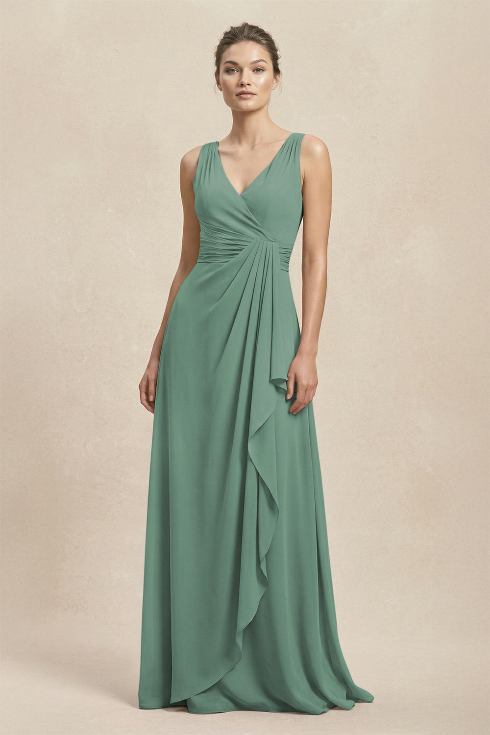 V-Neck Ruffled Ruched Chiffon A-Line Bridesmaid Dress in Sea Glass