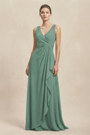 V-Neck Ruffled Ruched Chiffon A-Line Bridesmaid Dress in Sea Glass | KISSBRIDAL