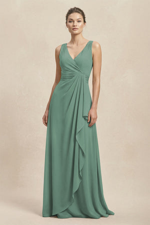 V-Neck Ruffled Ruched Chiffon A-Line Bridesmaid Dress in Sea Glass | KISSBRIDAL