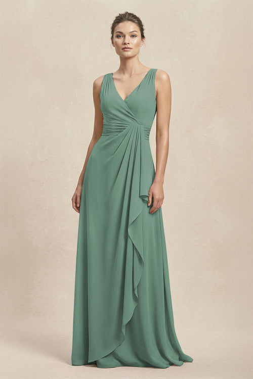 V-Neck Ruffled Ruched Chiffon A-Line Bridesmaid Dress in Sea Glass | KISSBRIDAL