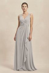 V - Neck Ruffled Ruched Chiffon A - Line Bridesmaid Dress in Silver - KISS BRIDAL Bridesmaid Dresses