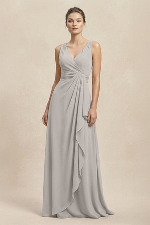 V - Neck Ruffled Ruched Chiffon A - Line Bridesmaid Dress in Silver - SHE IS ME Bridesmaid Dresses
