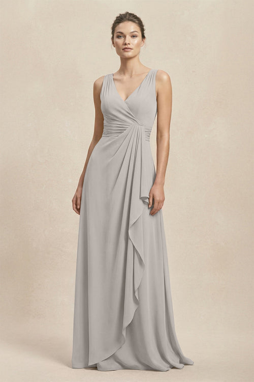 V - Neck Ruffled Ruched Chiffon A - Line Bridesmaid Dress in Silver - SHE IS ME Bridesmaid Dresses