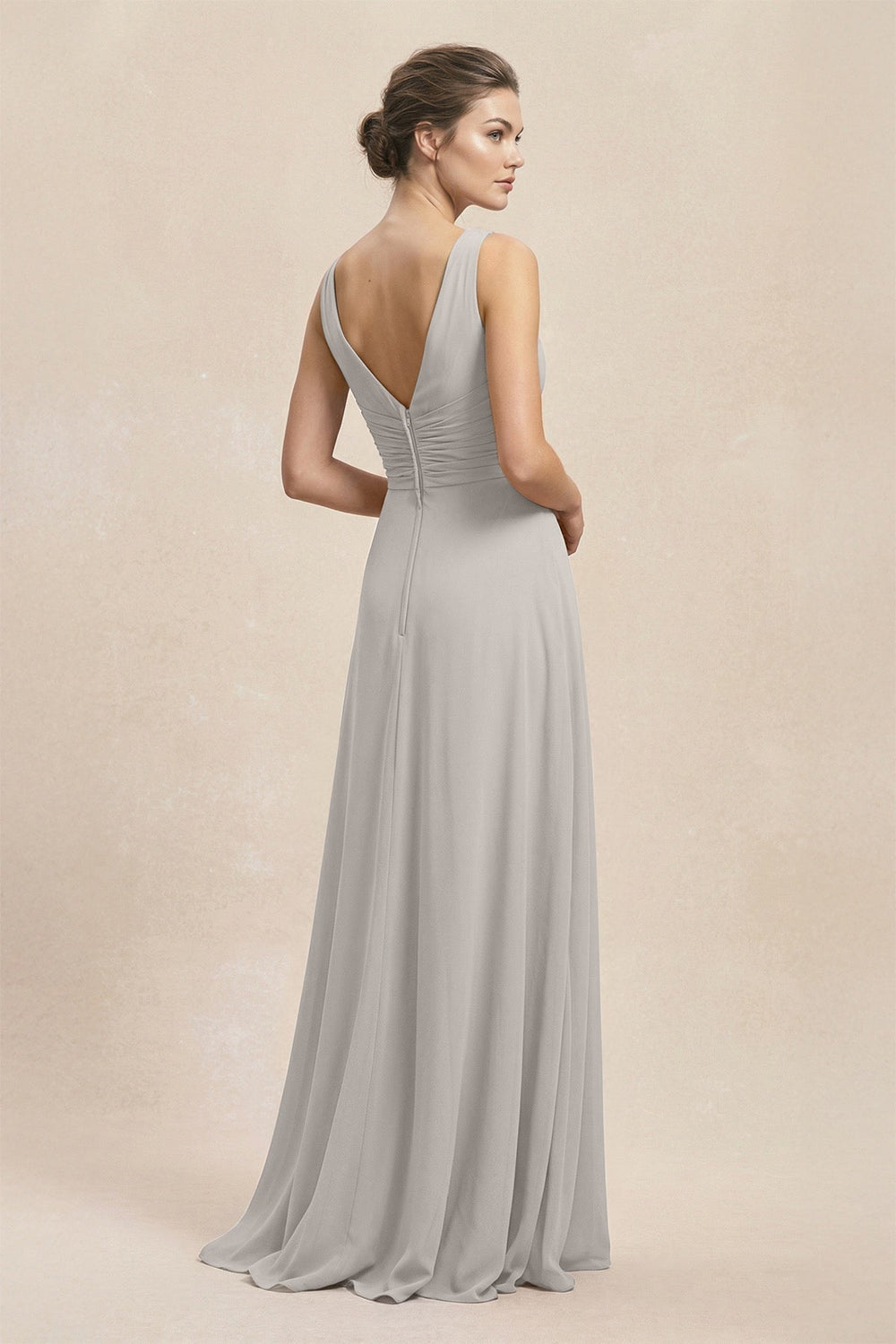 V - Neck Ruffled Ruched Chiffon A - Line Bridesmaid Dress in Silver - KISS BRIDAL Bridesmaid Dresses