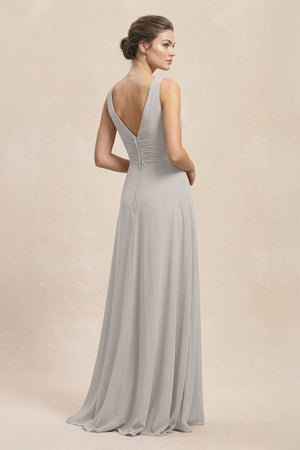 V - Neck Ruffled Ruched Chiffon A - Line Bridesmaid Dress in Silver - SHE IS ME Bridesmaid Dresses