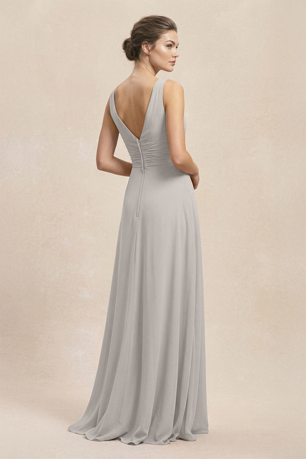 V - Neck Ruffled Ruched Chiffon A - Line Bridesmaid Dress in Silver - SHE IS ME Bridesmaid Dresses