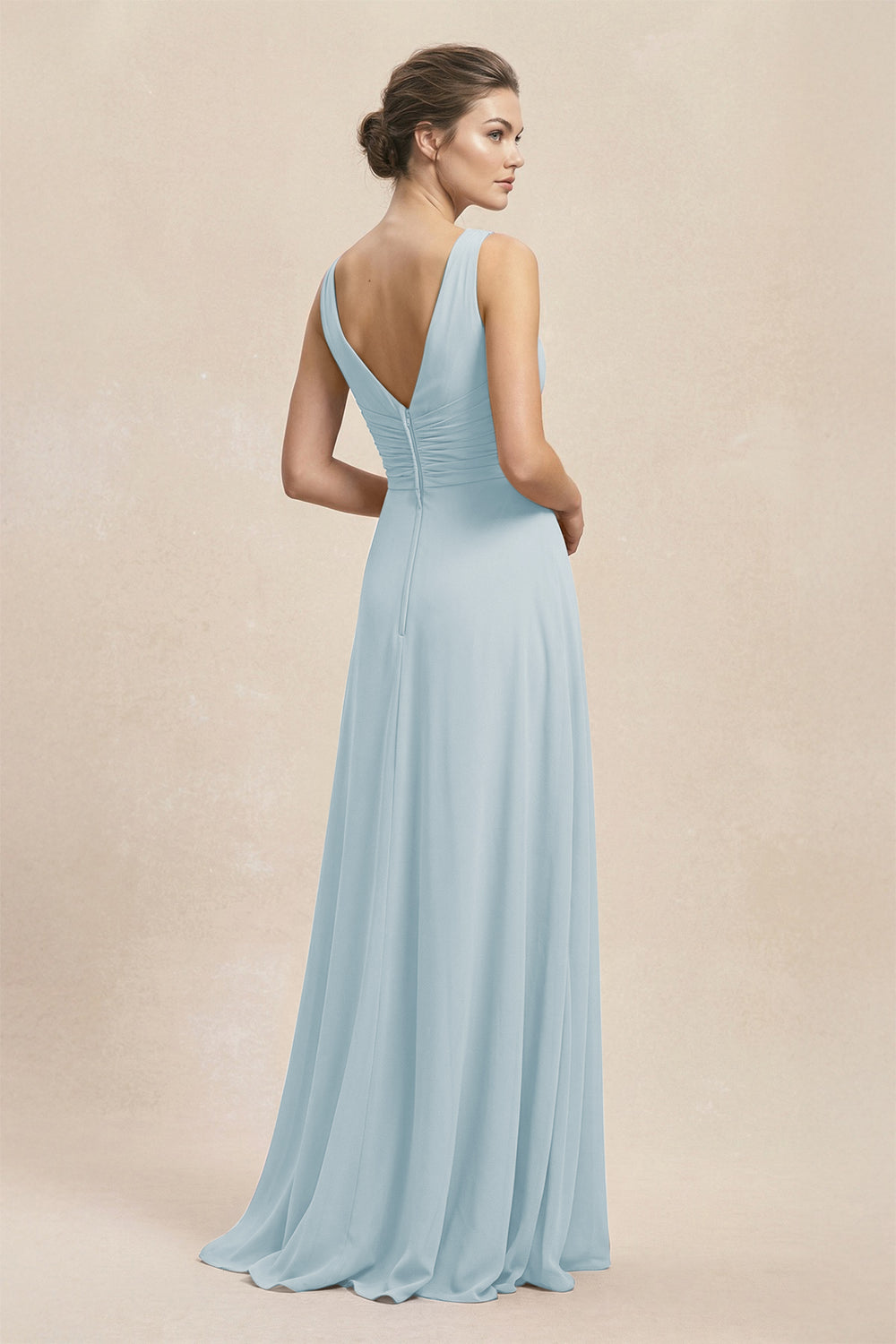 V-Neck Ruffled Ruched Chiffon A-Line Bridesmaid Dress in Sky Blue