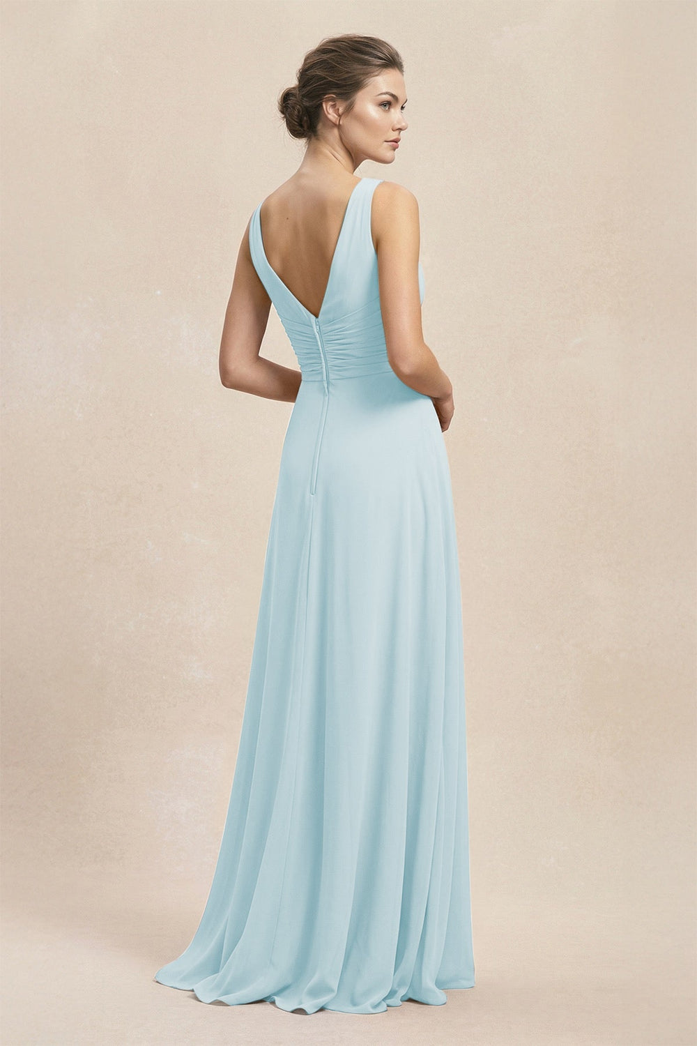 V - Neck Ruffled Ruched Chiffon A - Line Bridesmaid Dress in Sky Blue - KISS BRIDAL Bridesmaid Dresses