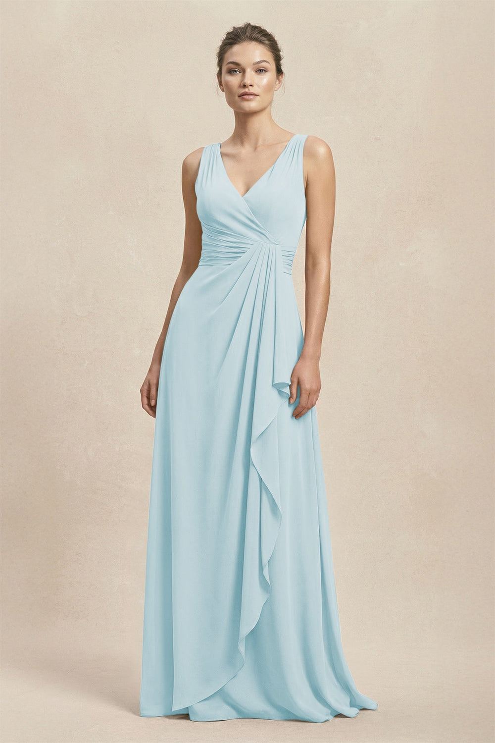 V - Neck Ruffled Ruched Chiffon A - Line Bridesmaid Dress in Sky Blue - KISS BRIDAL Bridesmaid Dresses