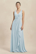 V-Neck Ruffled Ruched Chiffon A-Line Bridesmaid Dress in Sky Blue | KISSBRIDAL