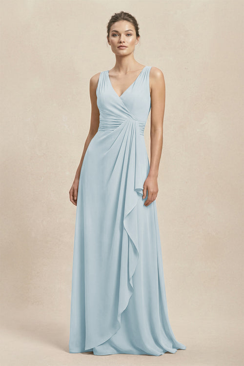 V-Neck Ruffled Ruched Chiffon A-Line Bridesmaid Dress in Sky Blue | KISSBRIDAL