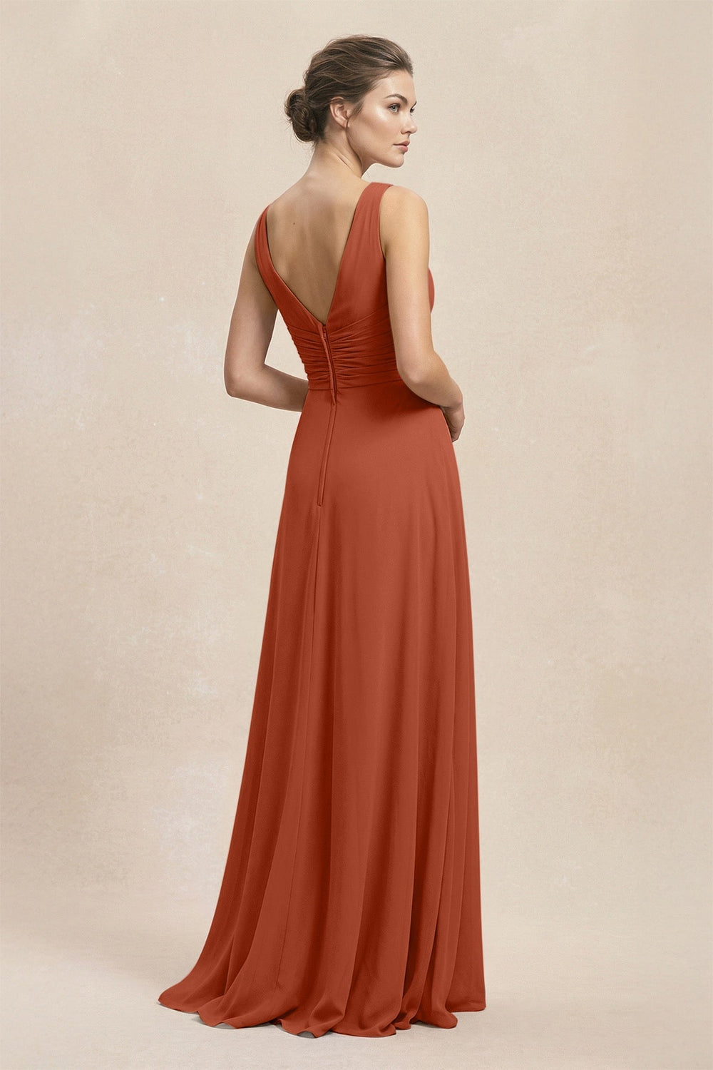 V - Neck Ruffled Ruched Chiffon A - Line Bridesmaid Dress in Spice - KISS BRIDAL Bridesmaid Dresses