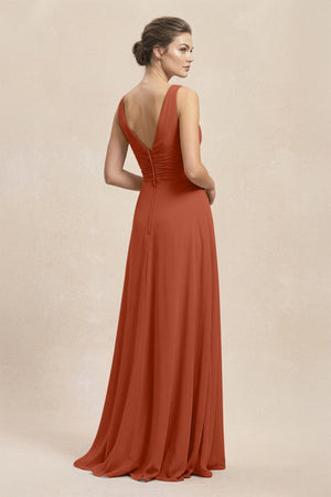V - Neck Ruffled Ruched Chiffon A - Line Bridesmaid Dress in Spice - SHE IS ME Bridesmaid Dresses