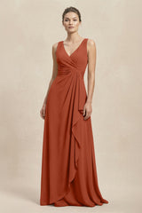 V - Neck Ruffled Ruched Chiffon A - Line Bridesmaid Dress in Spice - KISS BRIDAL Bridesmaid Dresses