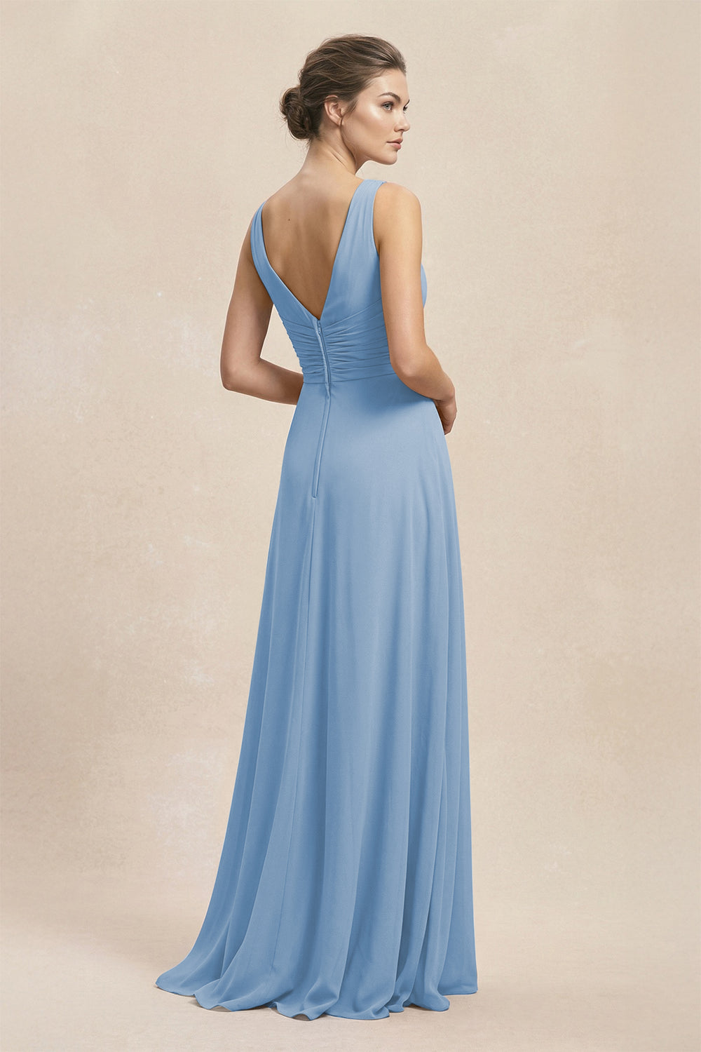 V-Neck Ruffled Ruched Chiffon A-Line Bridesmaid Dress in Steel Blue