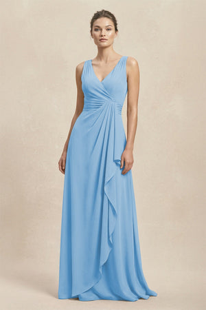 V - Neck Ruffled Ruched Chiffon A - Line Bridesmaid Dress in Steel Blue - SHE IS ME Bridesmaid Dresses