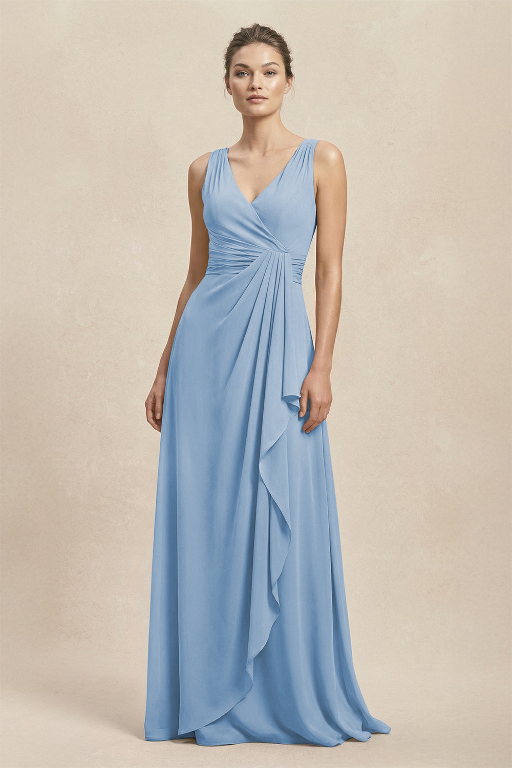 V-Neck Ruffled Ruched Chiffon A-Line Bridesmaid Dress in Steel Blue
