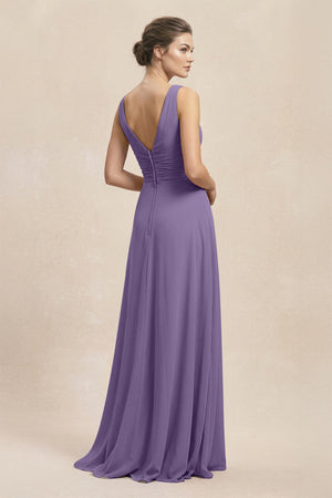 V-Neck Ruffled Ruched Chiffon A-Line Bridesmaid Dress in Tahiti (2) | KISSBRIDAL