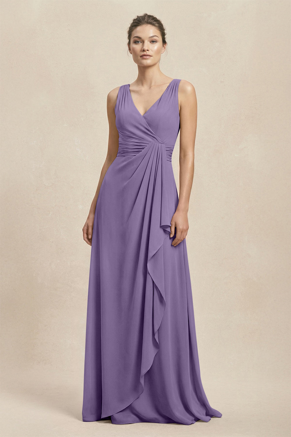 V-Neck Ruffled Ruched Chiffon A-Line Bridesmaid Dress in Tahiti