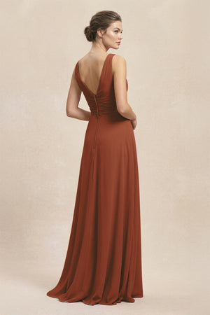 V-Neck Ruffled Ruched Chiffon A-Line Bridesmaid Dress in Terracotta (2) | KISSBRIDAL