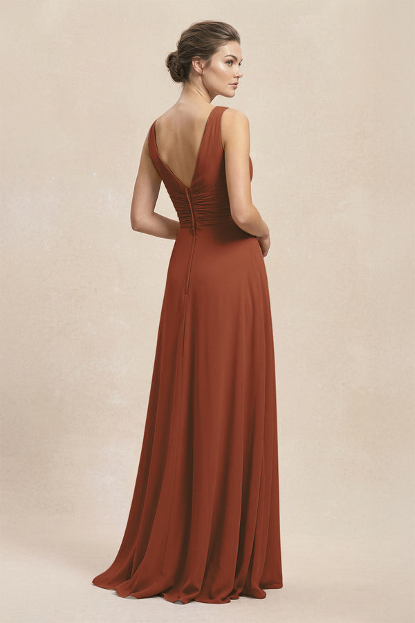 V-Neck Ruffled Ruched Chiffon A-Line Bridesmaid Dress in Terracotta (2) | KISSBRIDAL