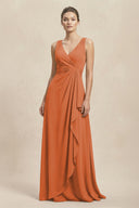 V - Neck Ruffled Ruched Chiffon A - Line Bridesmaid Dress in Terracotta - SHE IS ME Bridesmaid Dresses