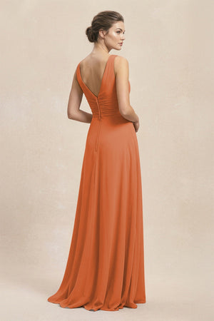 V - Neck Ruffled Ruched Chiffon A - Line Bridesmaid Dress in Terracotta - SHE IS ME Bridesmaid Dresses