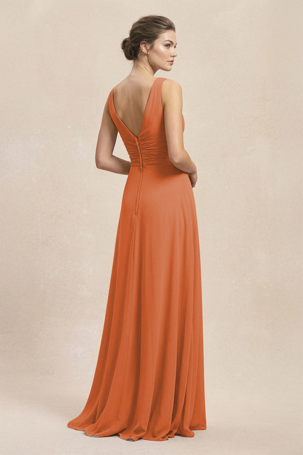 V - Neck Ruffled Ruched Chiffon A - Line Bridesmaid Dress in Terracotta - SHE IS ME Bridesmaid Dresses