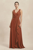V-Neck Ruffled Ruched Chiffon A-Line Bridesmaid Dress in Terracotta | KISSBRIDAL