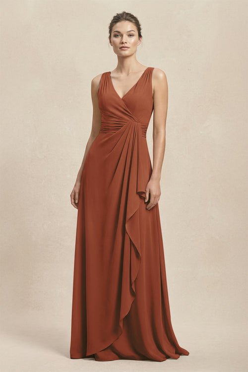 V-Neck Ruffled Ruched Chiffon A-Line Bridesmaid Dress in Terracotta | KISSBRIDAL