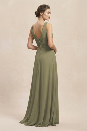 V-Neck Ruffled Ruched Chiffon A-Line Bridesmaid Dress in Thyme (2) | KISSBRIDAL