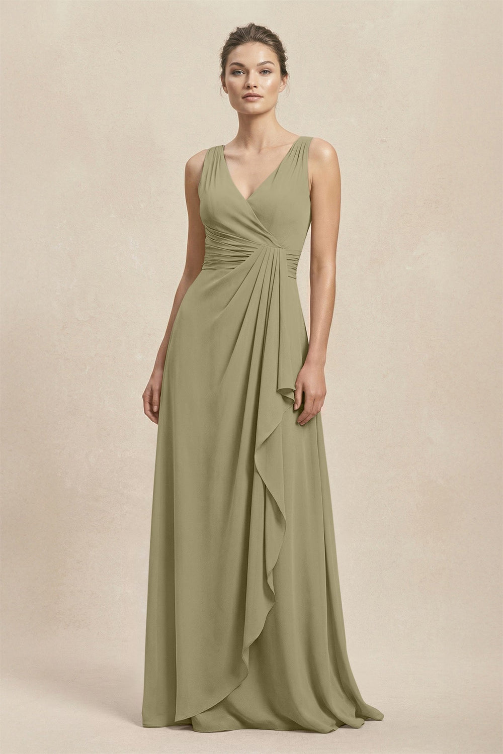 V - Neck Ruffled Ruched Chiffon A - Line Bridesmaid Dress in Thyme - KISS BRIDAL Bridesmaid Dresses