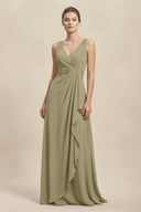 V - Neck Ruffled Ruched Chiffon A - Line Bridesmaid Dress in Thyme - SHE IS ME Bridesmaid Dresses