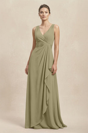 V - Neck Ruffled Ruched Chiffon A - Line Bridesmaid Dress in Thyme - SHE IS ME Bridesmaid Dresses