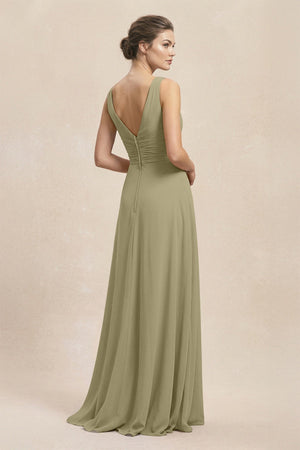 V - Neck Ruffled Ruched Chiffon A - Line Bridesmaid Dress in Thyme - SHE IS ME Bridesmaid Dresses