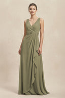 V-Neck Ruffled Ruched Chiffon A-Line Bridesmaid Dress in Thyme | KISSBRIDAL