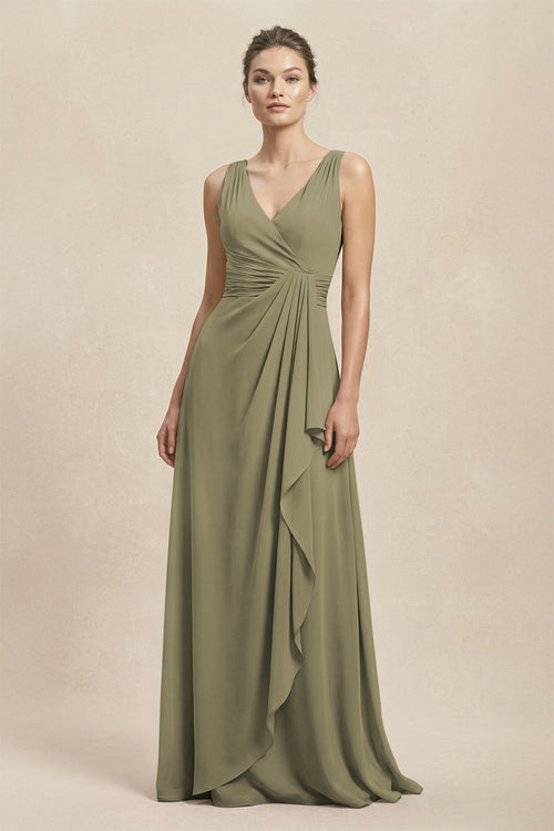 V-Neck Ruffled Ruched Chiffon A-Line Bridesmaid Dress in Thyme | KISSBRIDAL