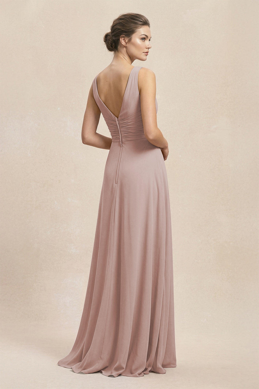 V-Neck Ruffled Ruched Chiffon A-Line Bridesmaid Dress in Toffee