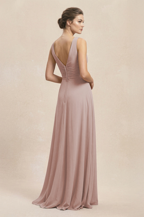 V-Neck Ruffled Ruched Chiffon A-Line Bridesmaid Dress in Toffee (2) | KISSBRIDAL