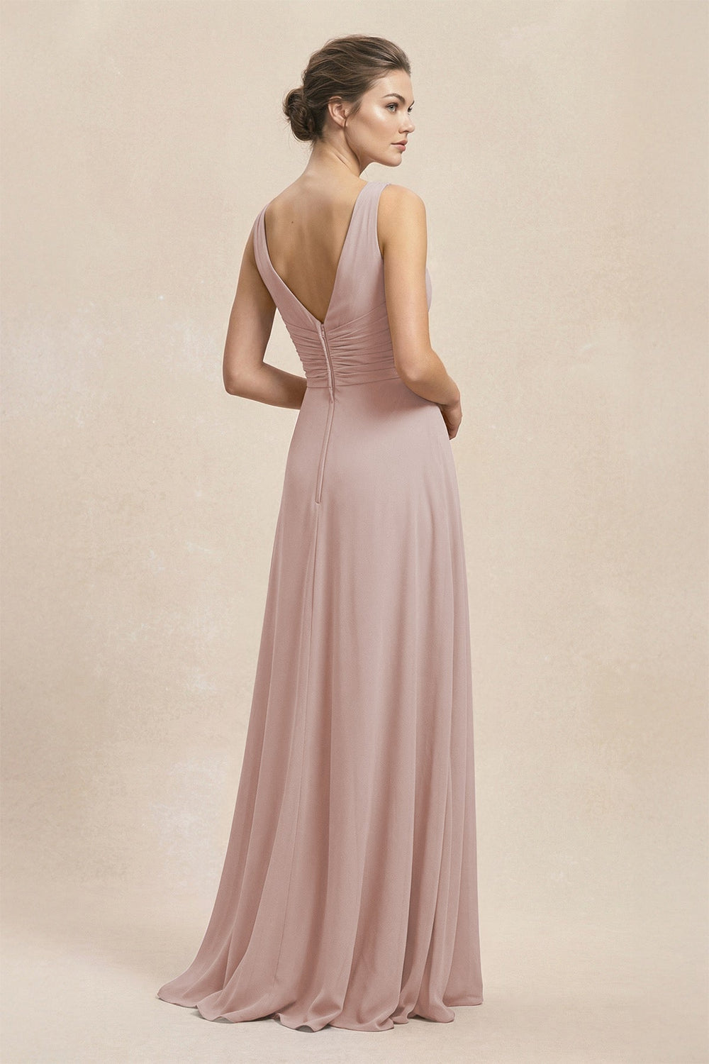 V - Neck Ruffled Ruched Chiffon A - Line Bridesmaid Dress in Toffee - KISS BRIDAL Bridesmaid Dresses