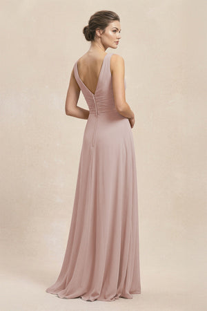 V - Neck Ruffled Ruched Chiffon A - Line Bridesmaid Dress in Toffee - SHE IS ME Bridesmaid Dresses